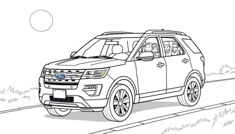 Zwart-wit kleurplaat van een Ford Explorer op een weg met een cirkelvormige zon.