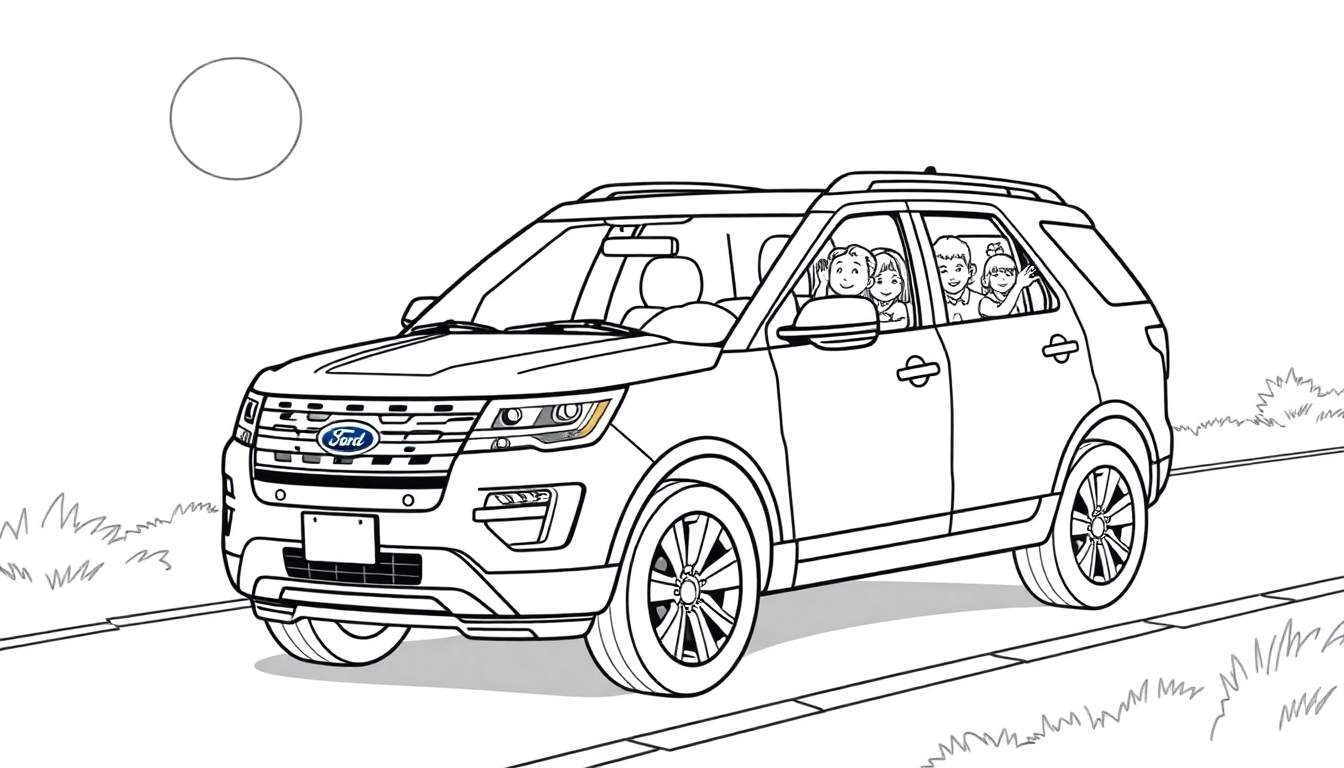 Zwart-wit kleurplaat van een Ford Explorer op een weg met een cirkelvormige zon.