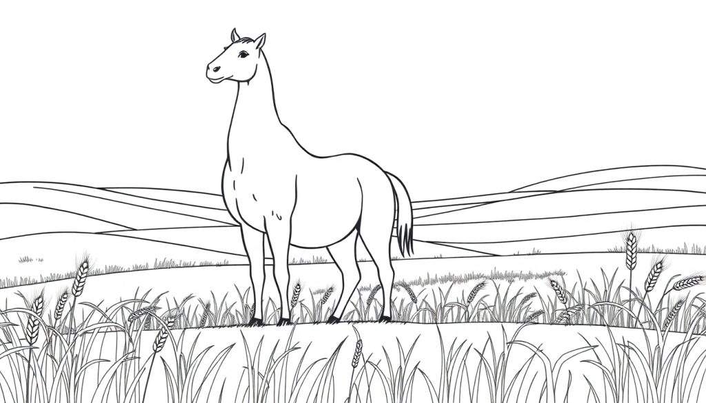 Kleurplaat: Paard in graanveld