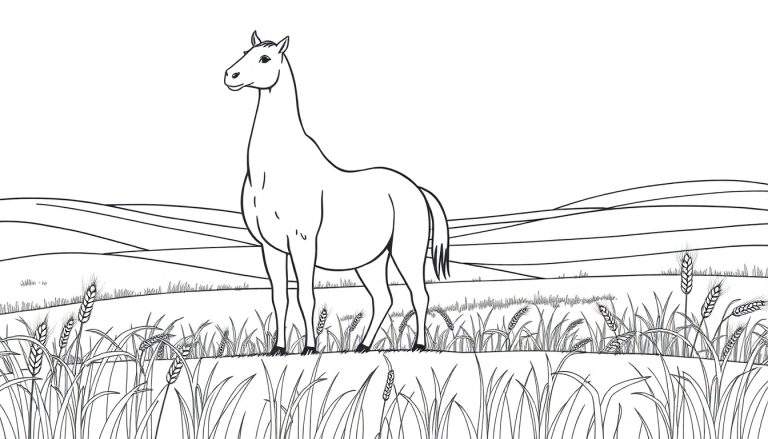 Kleurplaat: Paard in graanveld