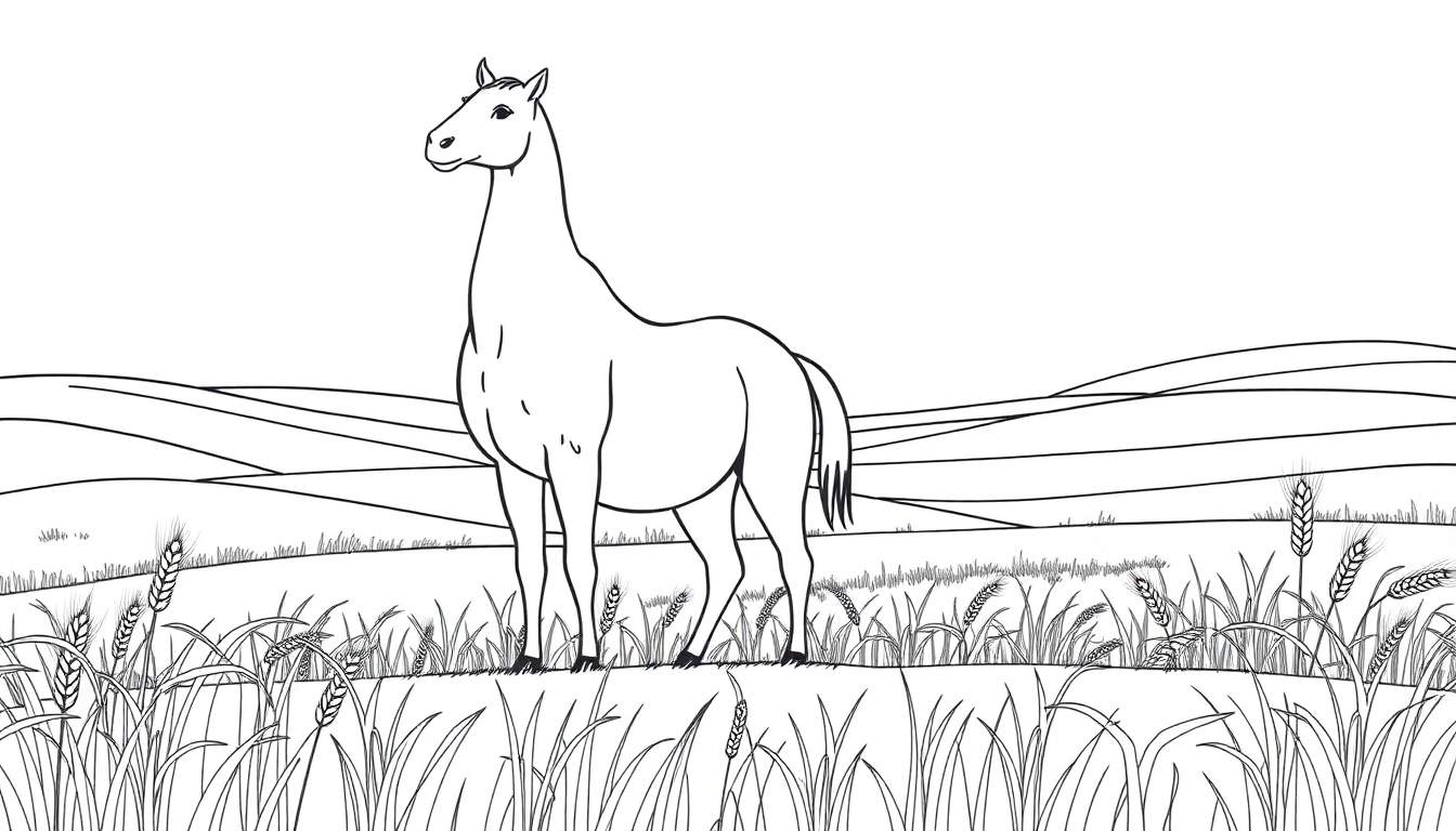 Kleurplaat: Paard in graanveld