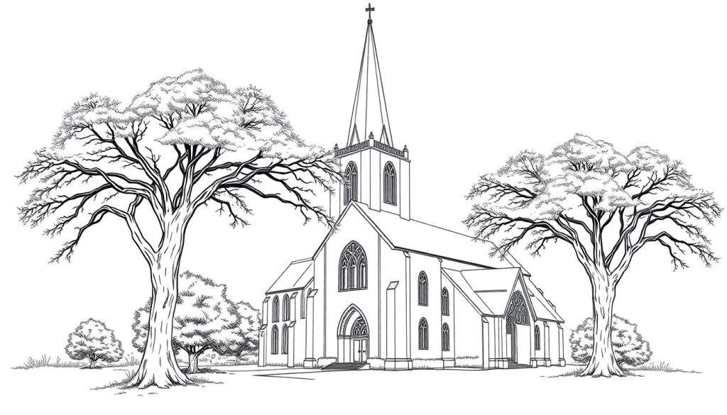 Een kleurplaat van een grote kerk met een toren en bomen.