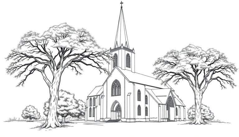 Een kleurplaat van een grote kerk met een toren en bomen.