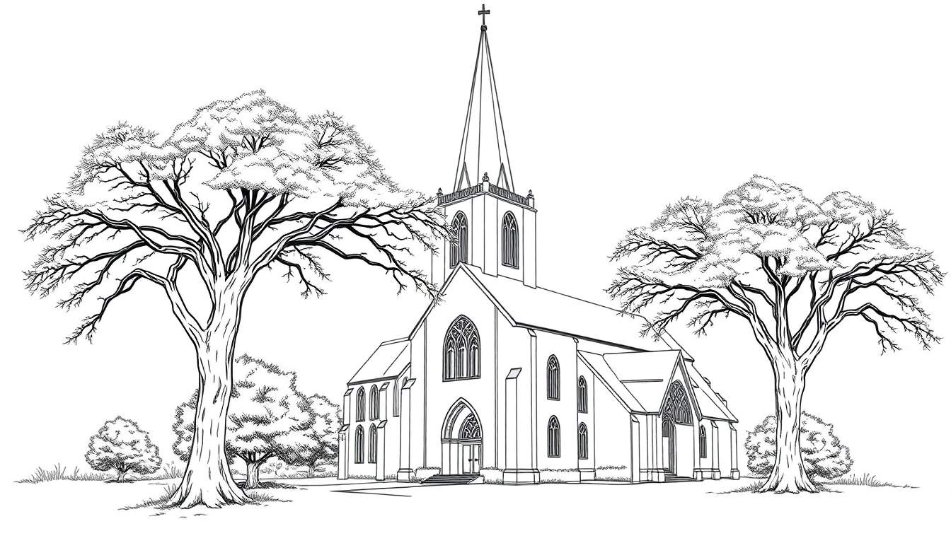 Een kleurplaat van een grote kerk met een toren en bomen.