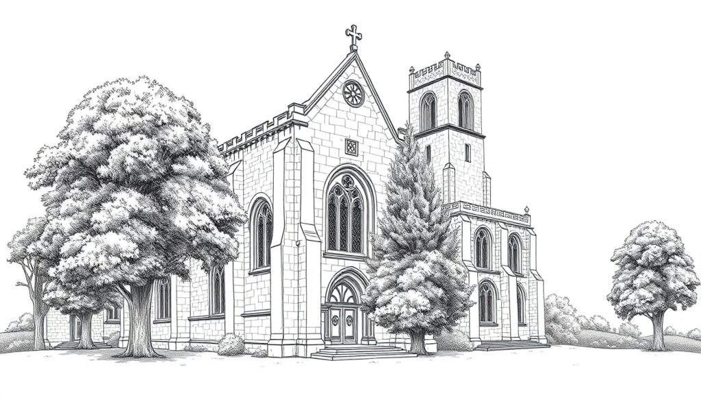 Kleurplaat van een grote gotische kerk met bomen eromheen.