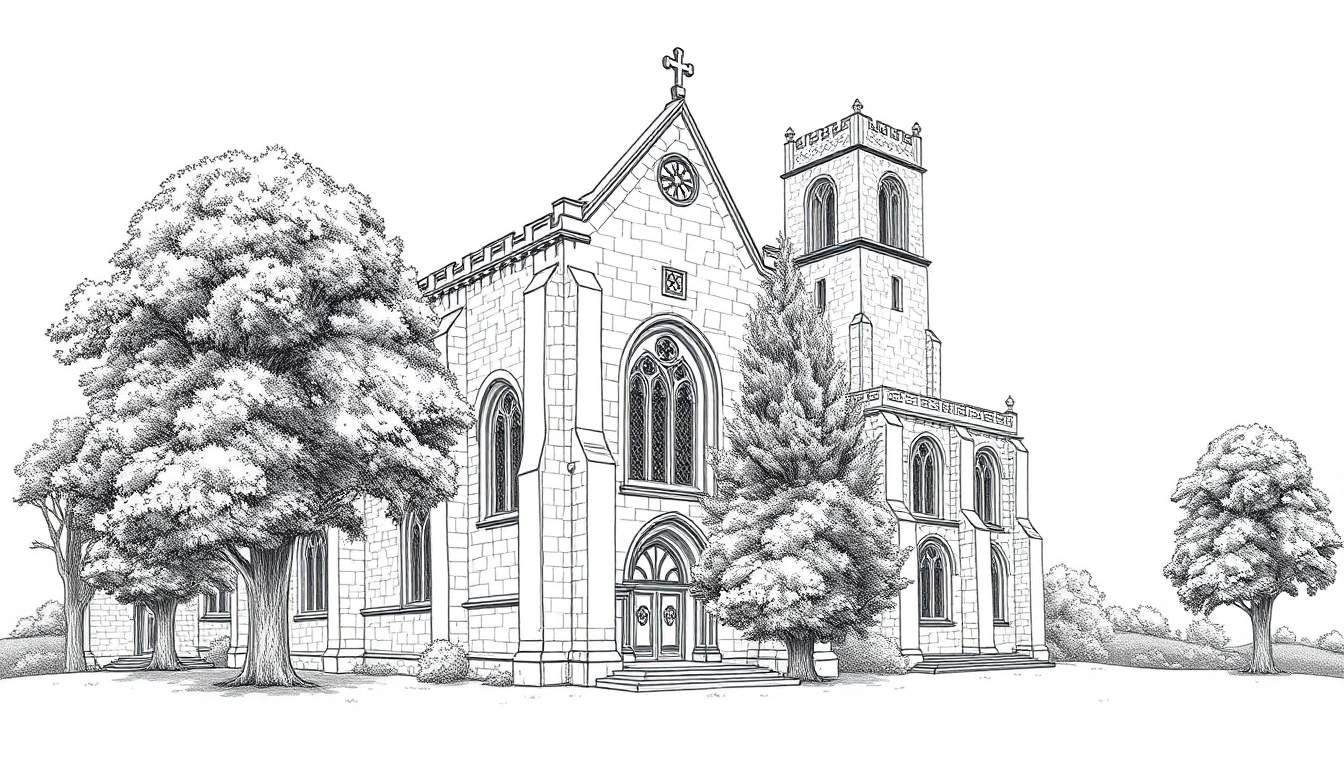 Kleurplaat van een grote gotische kerk met bomen eromheen.