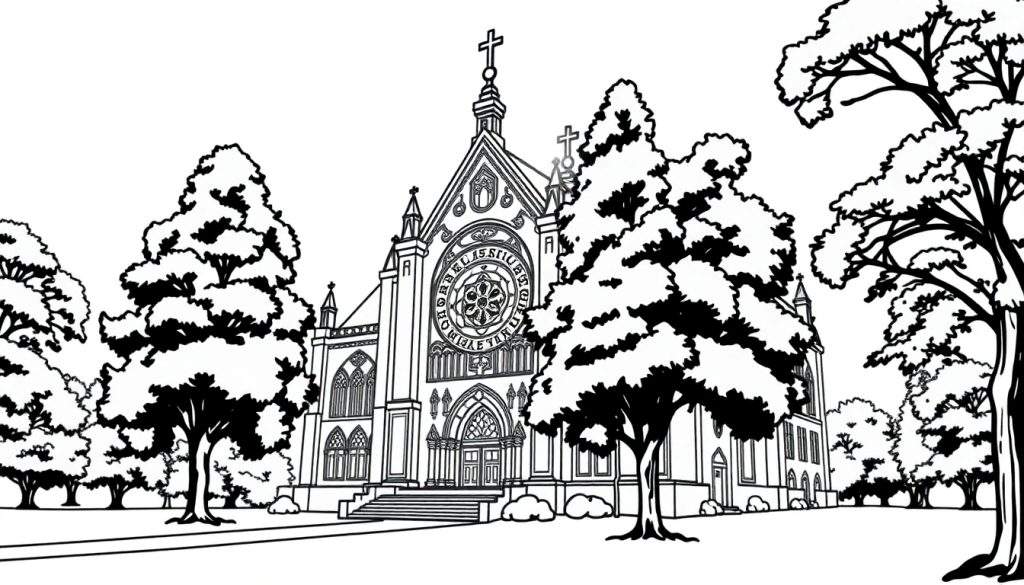 Kleurplaat van een oude kerk met bomen.