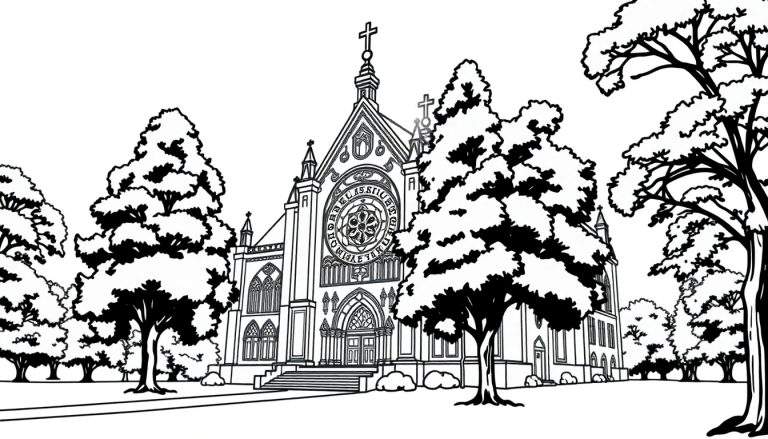 Kleurplaat van een oude kerk met bomen.