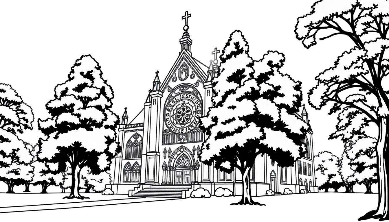 Kleurplaat van een oude kerk met bomen.