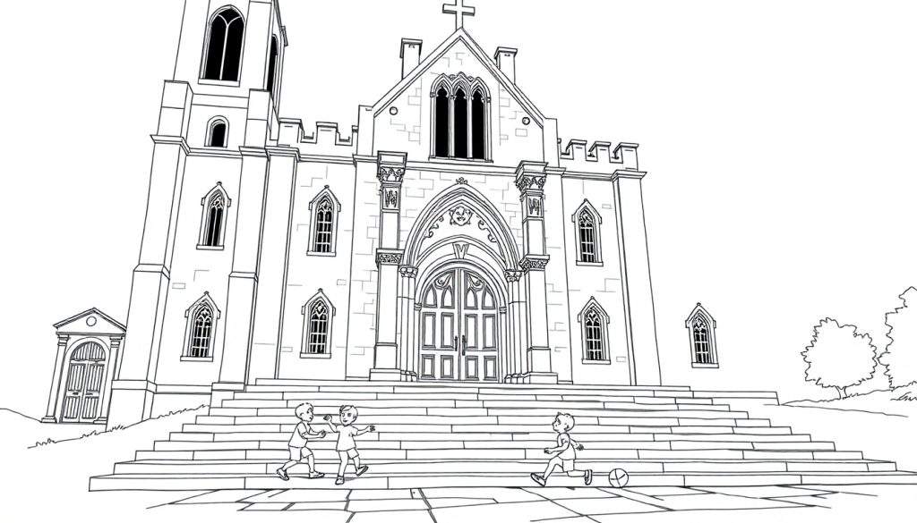 Kleurplaat van een grote kerk met kinderen die op de trap spelen.