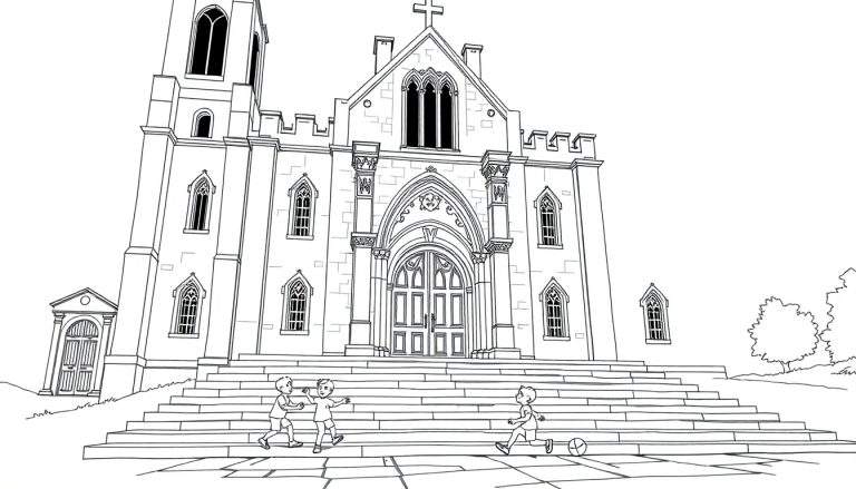 Kleurplaat van een grote kerk met kinderen die op de trap spelen.