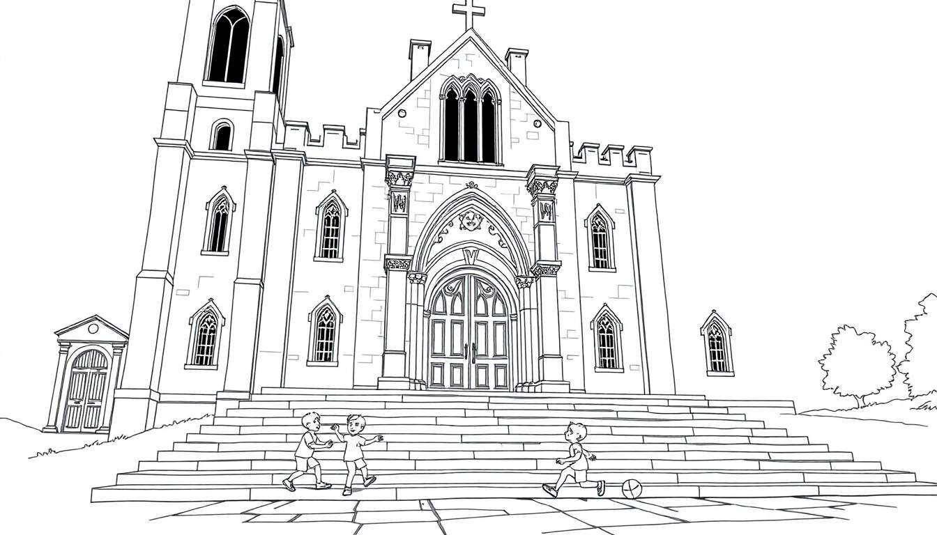 Kleurplaat van een grote kerk met kinderen die op de trap spelen.