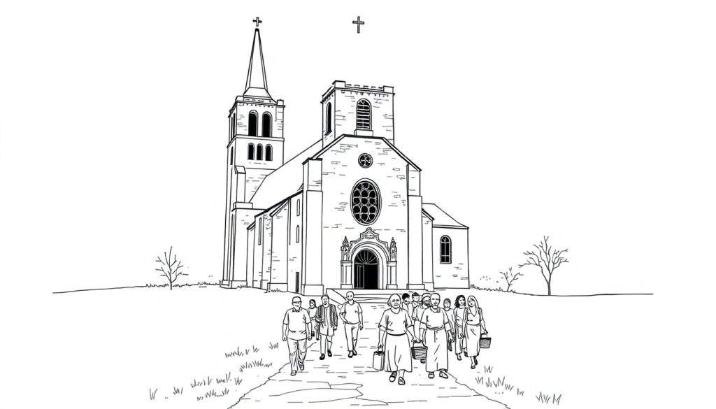 Kleurplaat van een kerk met mensen die naar de ingang lopen.