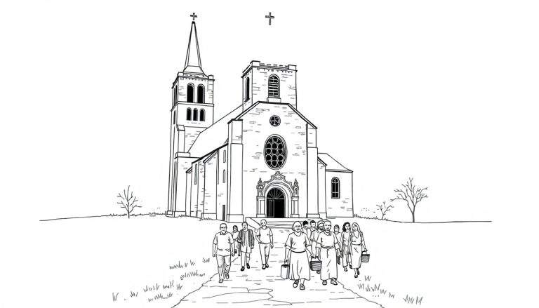 Kleurplaat van een kerk met mensen die naar de ingang lopen.