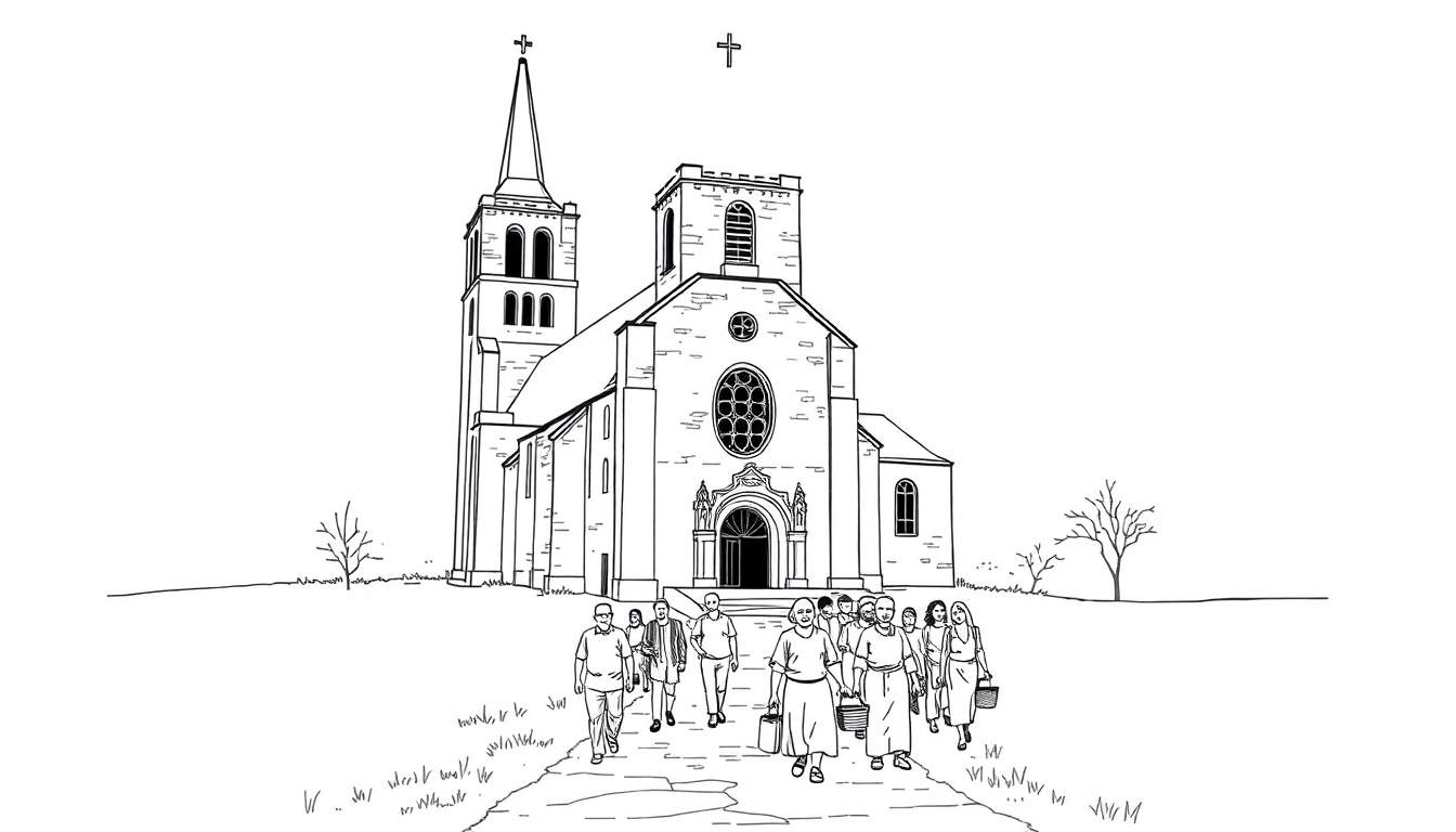 Kleurplaat van een kerk met mensen die naar de ingang lopen.