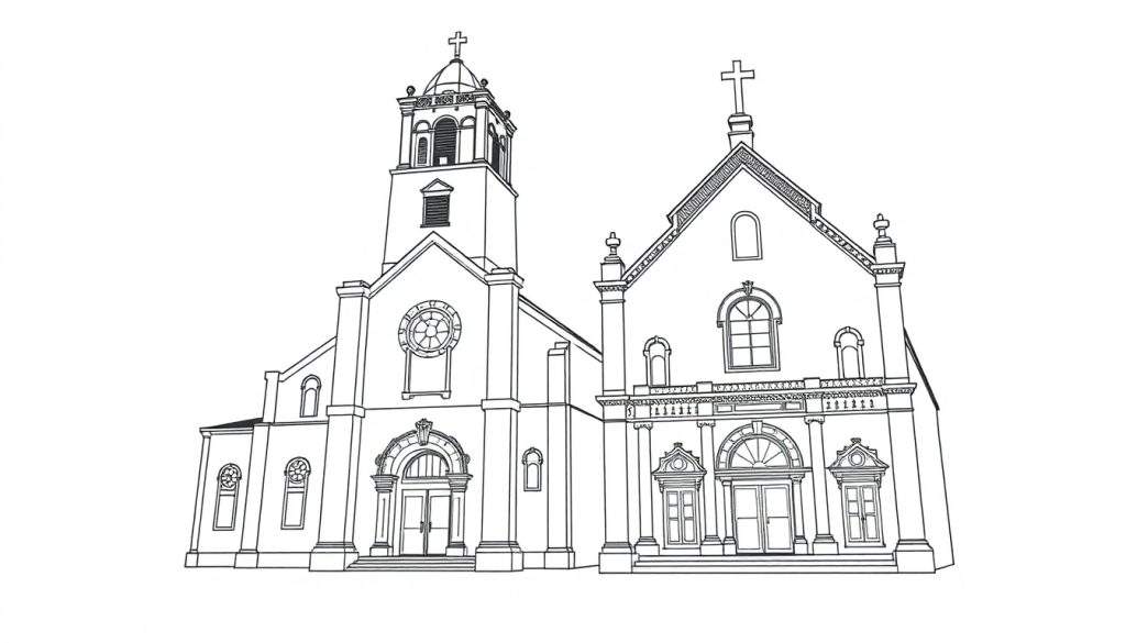 Kleurplaat van een oude kerk met twee torens, ramen en een trap.