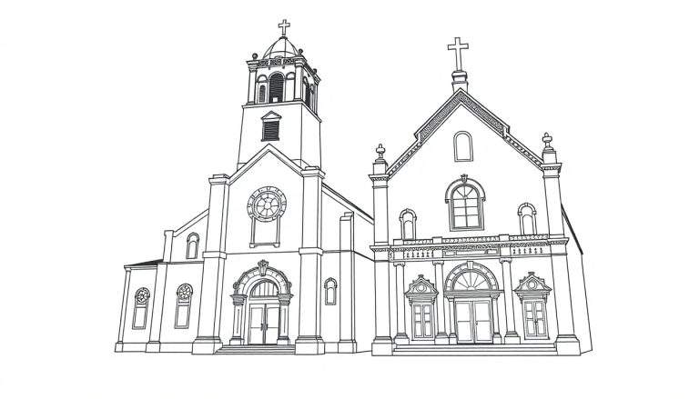 Kleurplaat van een oude kerk met twee torens, ramen en een trap.