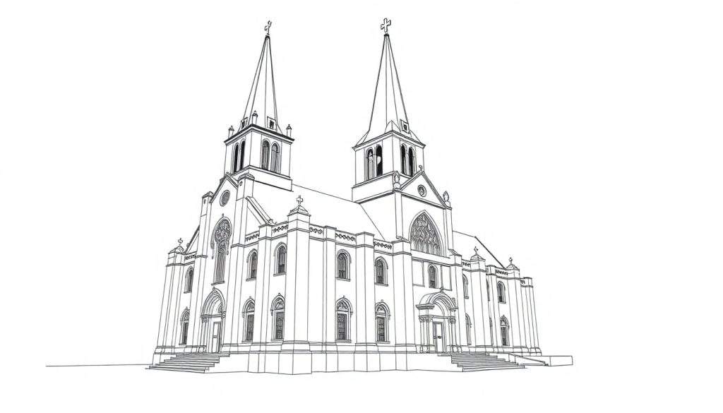 Kleurplaat van een grote kerk met twee spitsen en kruisen.