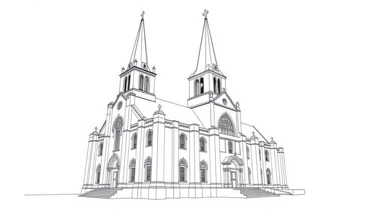 Kleurplaat van een grote kerk met twee spitsen en kruisen.