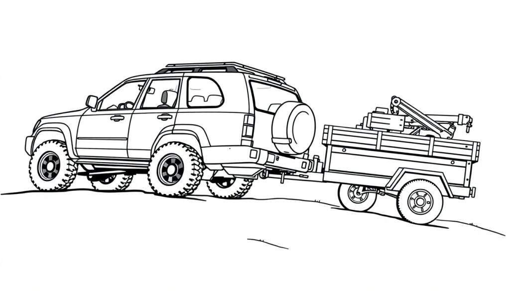 Kleurplaat van een stoere SUV met aanhanger en kraan.