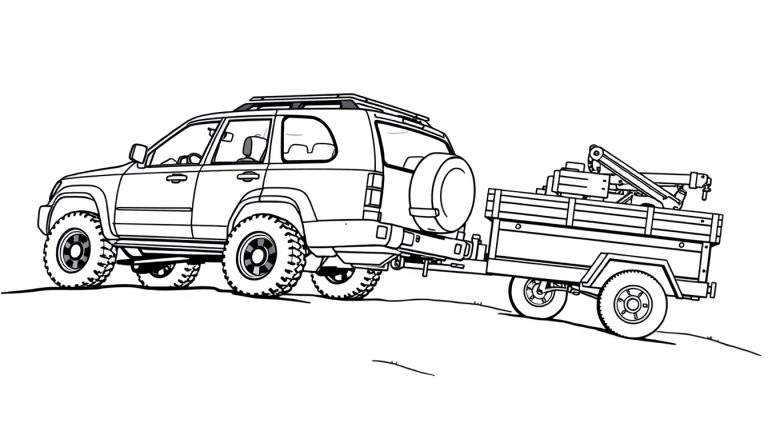 Kleurplaat van een stoere SUV met aanhanger en kraan.