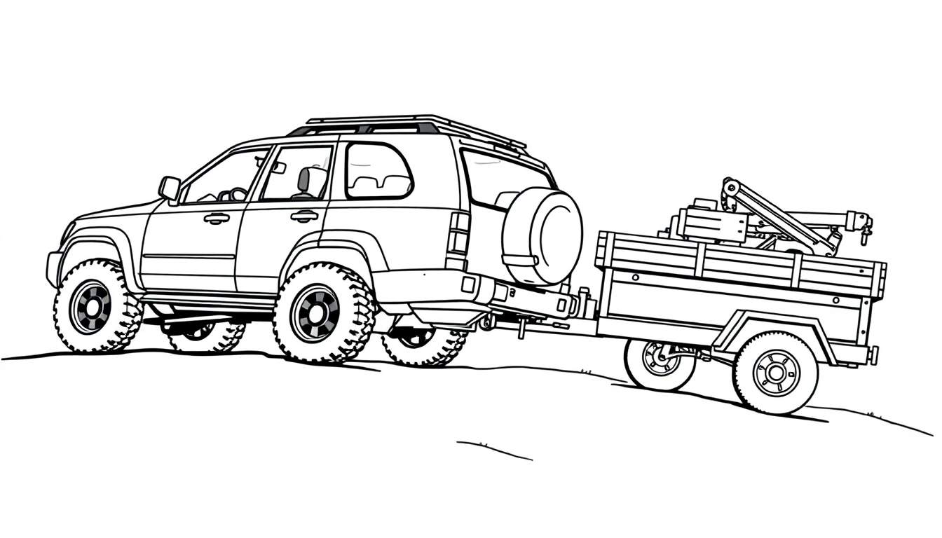 Kleurplaat van een stoere SUV met aanhanger en kraan.