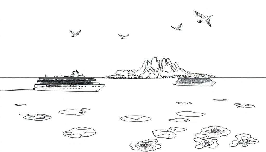 Kleurplaat van een oceaan met cruiseschepen en meeuwen.