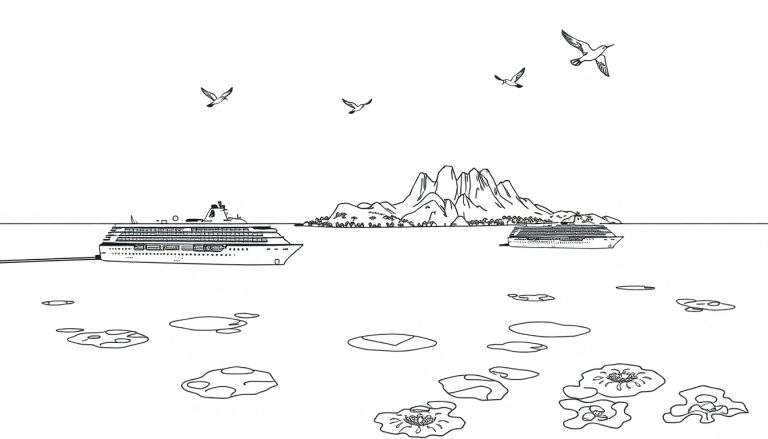 Kleurplaat van een oceaan met cruiseschepen en meeuwen.