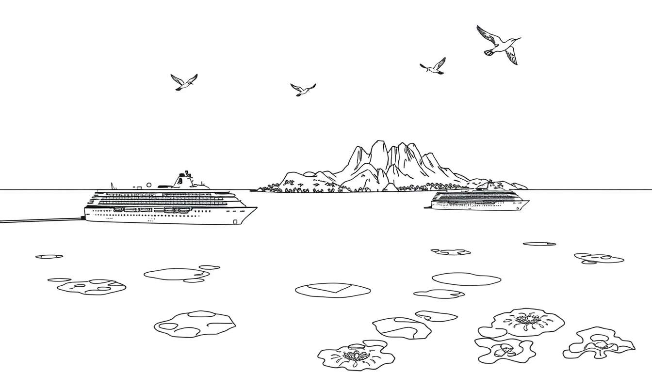 Kleurplaat van een oceaan met cruiseschepen en meeuwen.