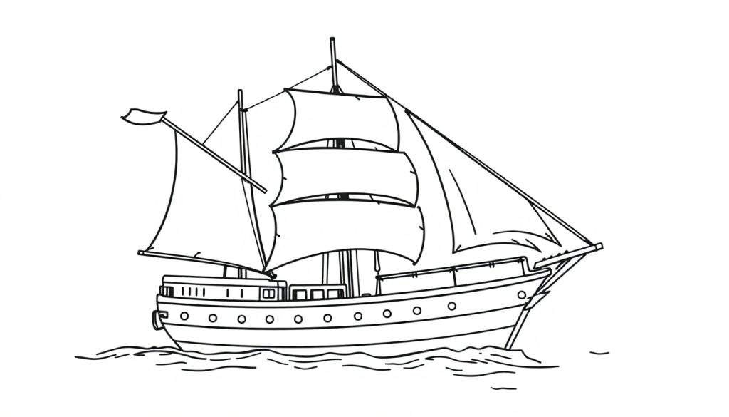 Kleurplaat van een stoer zeilschip met veel zeilen, getekend in zwarte lijnen op wit papier.