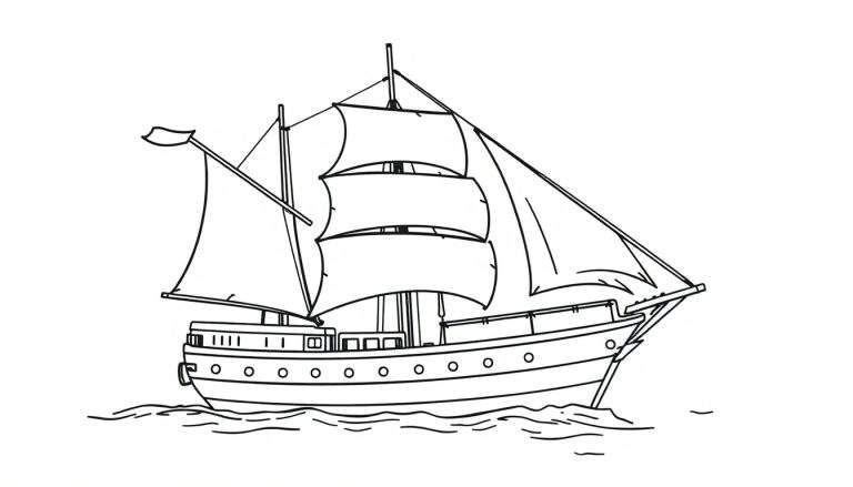 Kleurplaat van een stoer zeilschip met veel zeilen, getekend in zwarte lijnen op wit papier.