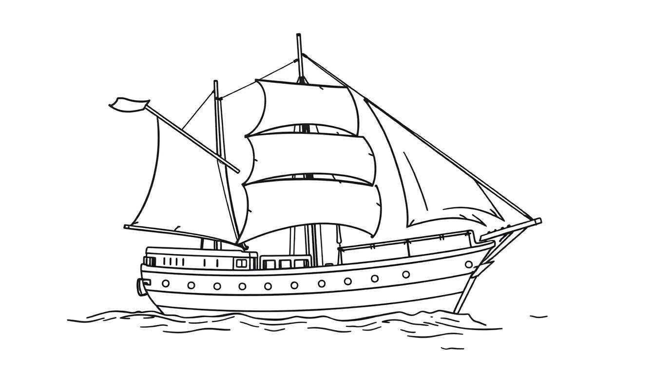 Kleurplaat van een stoer zeilschip met veel zeilen, getekend in zwarte lijnen op wit papier.