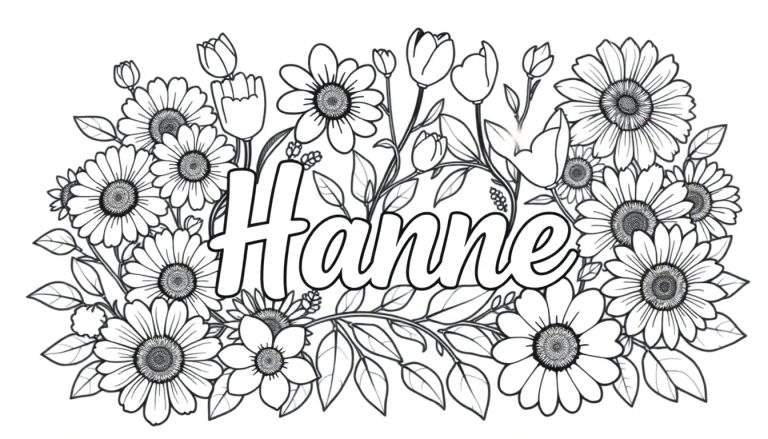Kleurplaat met de naam Hanne omringd door bloemen, waaronder madeliefjes en tulpachtige bloemen.