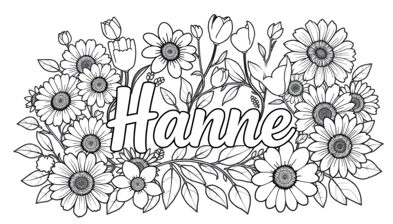 Kleurplaat met de naam Hanne omringd door bloemen, waaronder madeliefjes en tulpachtige bloemen.