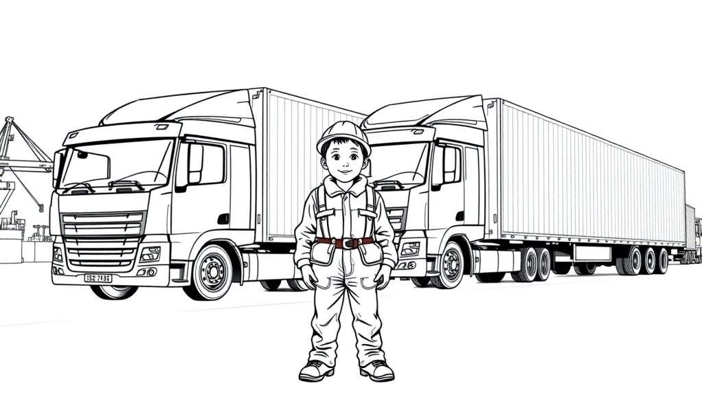 Kleurplaat: Een vrolijke bouwvakkerjongen met twee grote vrachtwagens met containers in de haven.