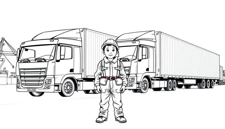 Kleurplaat: Een vrolijke bouwvakkerjongen met twee grote vrachtwagens met containers in de haven.