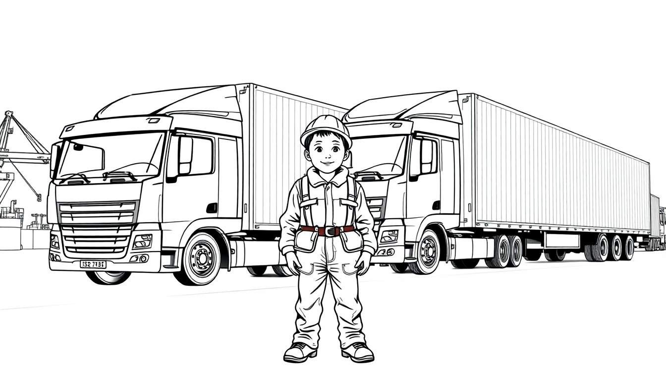 Kleurplaat: Een vrolijke bouwvakkerjongen met twee grote vrachtwagens met containers in de haven.