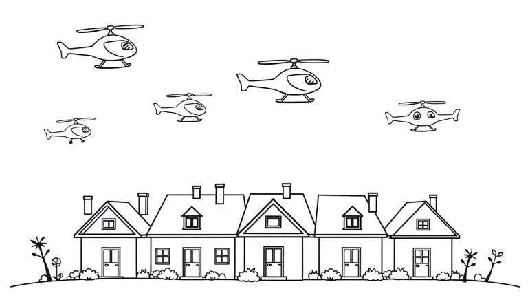 Kleurplaat van huizen met helikopters erboven.