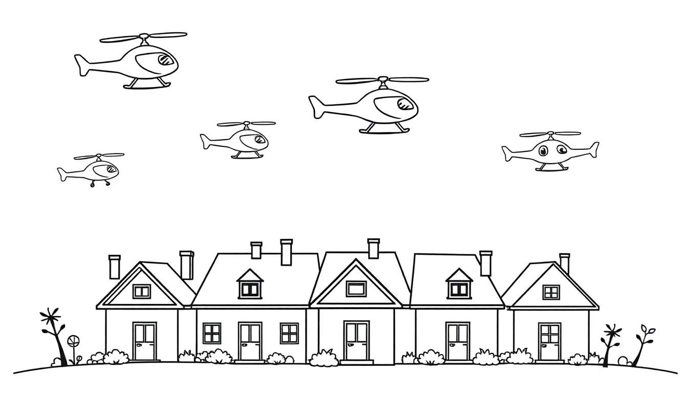 Kleurplaat van huizen met helikopters erboven.
