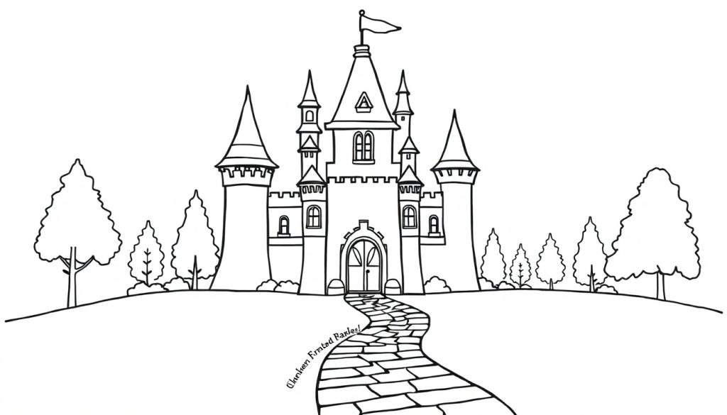 Zwart-wit kleurplaat van een kasteel op een heuvel met torens en een vlag.