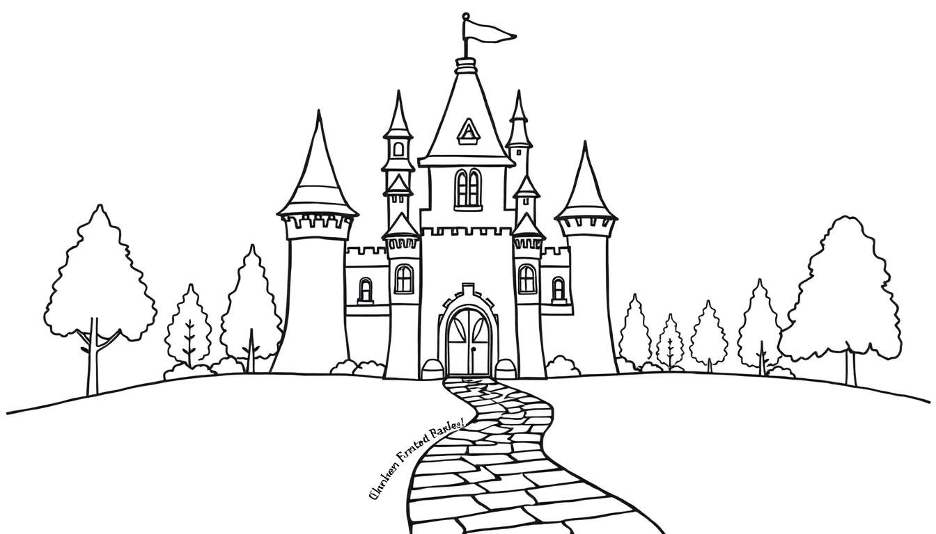 Zwart-wit kleurplaat van een kasteel op een heuvel met torens en een vlag.