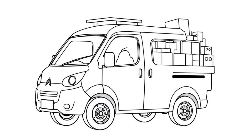 Kleurplaat van een volgeladen Citroën Nemo busje met dozen.