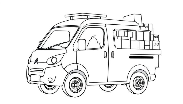 Kleurplaat van een volgeladen Citroën Nemo busje met dozen.