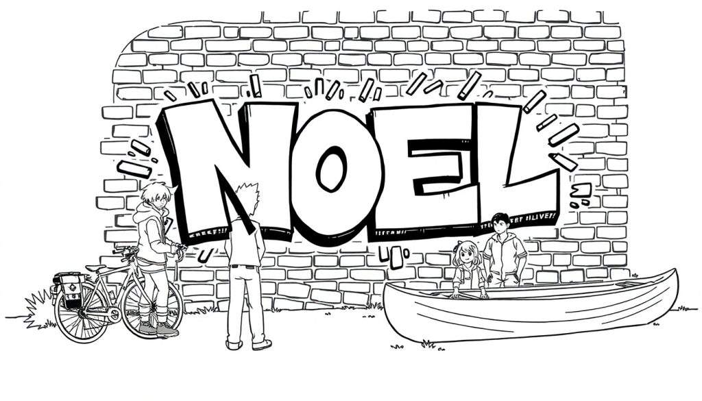 Kleurplaat: Een zwart-wit stripboekillustratie met de graffiti-naam 'NOEL' op een bakstenen muur. Er zijn mensen met een fiets, iemand die wegkijkt en een boot met een meisje.