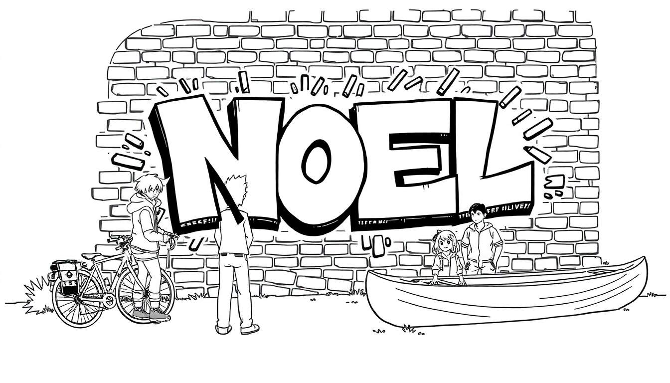 Kleurplaat: Een zwart-wit stripboekillustratie met de graffiti-naam 'NOEL' op een bakstenen muur. Er zijn mensen met een fiets, iemand die wegkijkt en een boot met een meisje.