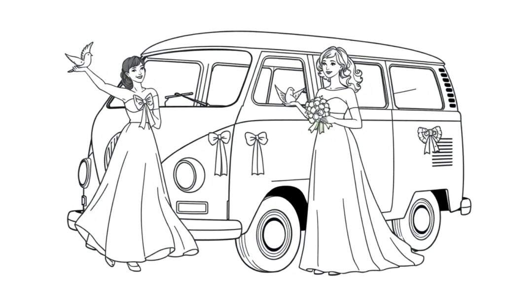 Kleurplaat: twee vrouwen in trouwjurken bij een versierd Volkswagen busje, één met een duif, de ander met een bruidsboeket.