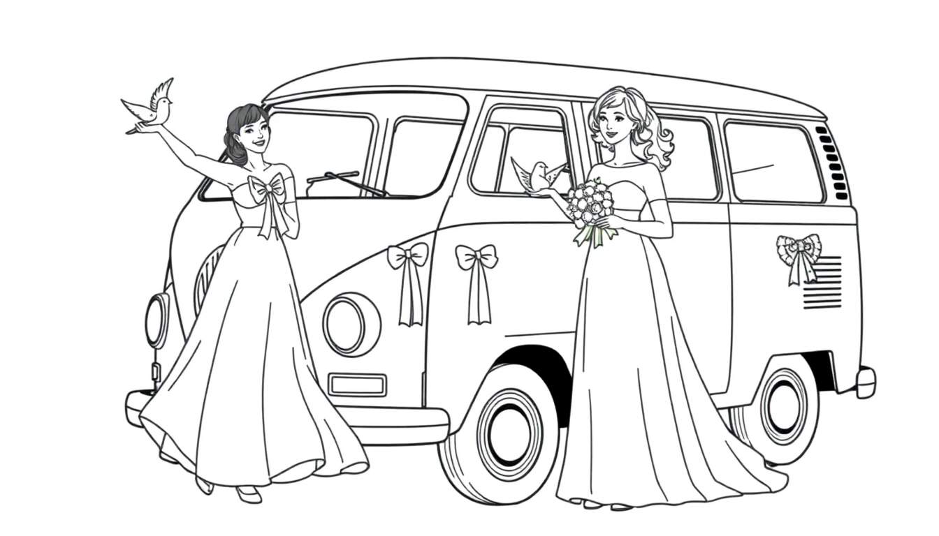 Kleurplaat: twee vrouwen in trouwjurken bij een versierd Volkswagen busje, één met een duif, de ander met een bruidsboeket.