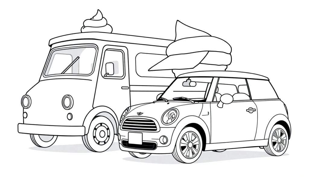 Kleurplaat van een ijscoman naast een Mini Cooper.