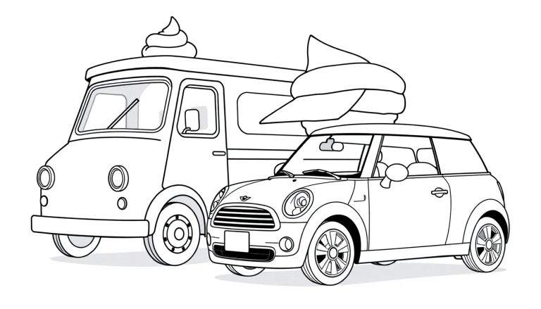 Kleurplaat van een ijscoman naast een Mini Cooper.