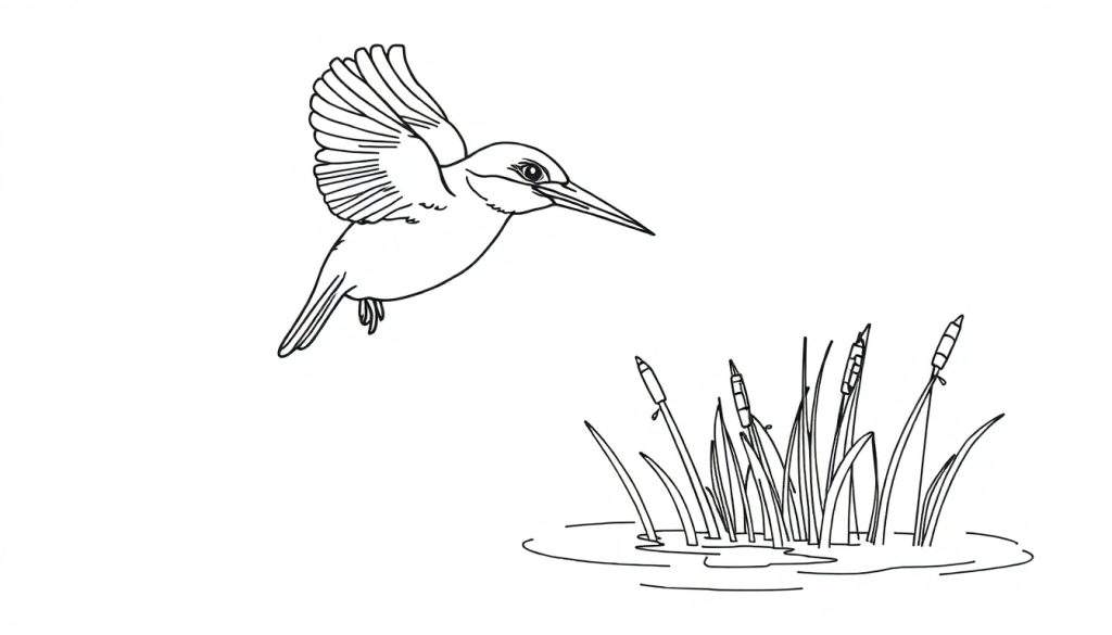 Kleurplaat van een ijsvogel in vlucht.